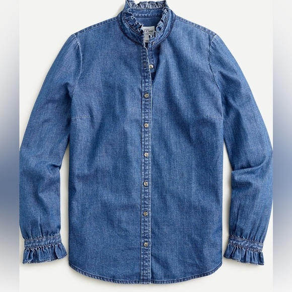 J. Crew Tops - J Crew Denim Ruffleneck classic-fit boy shirt in chambray Size Xxs